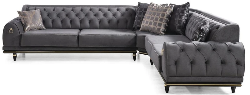Casa Padrino Luxus Art Deco Chesterfield Wohnzimmer Set Grau / Schwarz / Gold - 1 Ecksofa mit Kissen & 1 Couchtisch - Edle Wohnzimmer Möbel - Luxus Qualität
