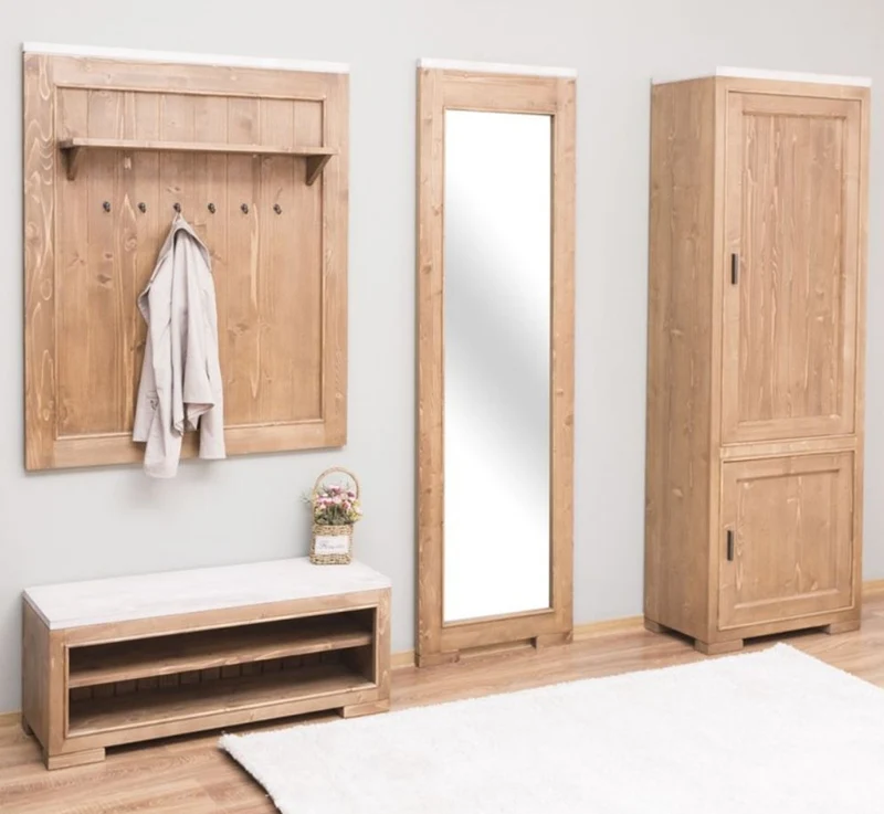 Casa Padrino Landhausstil Massivholz Garderobenmöbel Set Naturfarben / Weiß - 1 Garderobe & 1 Schuhschrank & 1 Wandspiegel & 1 Kleiderschrank - Landhausstil Möbel