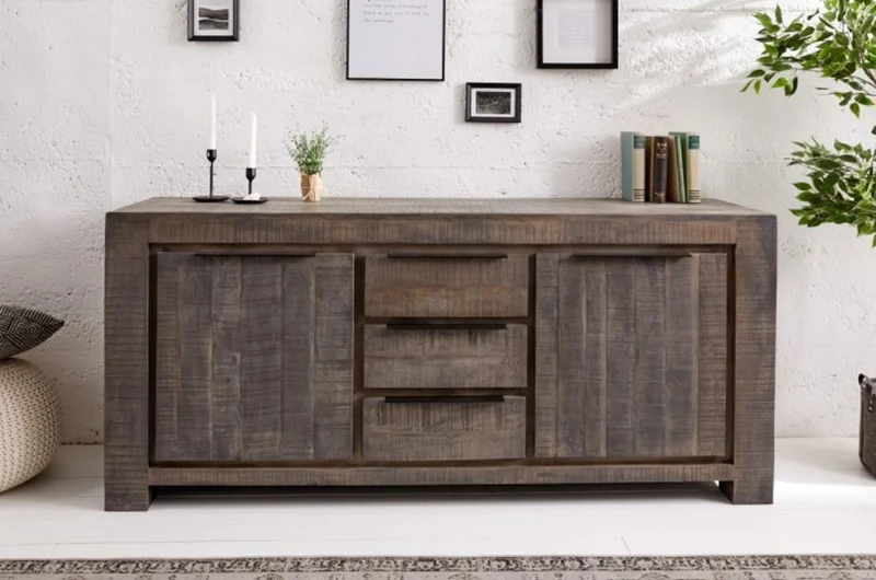 Casa Padrino Landhausstil Sideboard Grau 175 x 50 x H. 76 cm - Massivholz Schrank mit 2 Türen und 3 Schubladen - Wohnzimmer Möbel