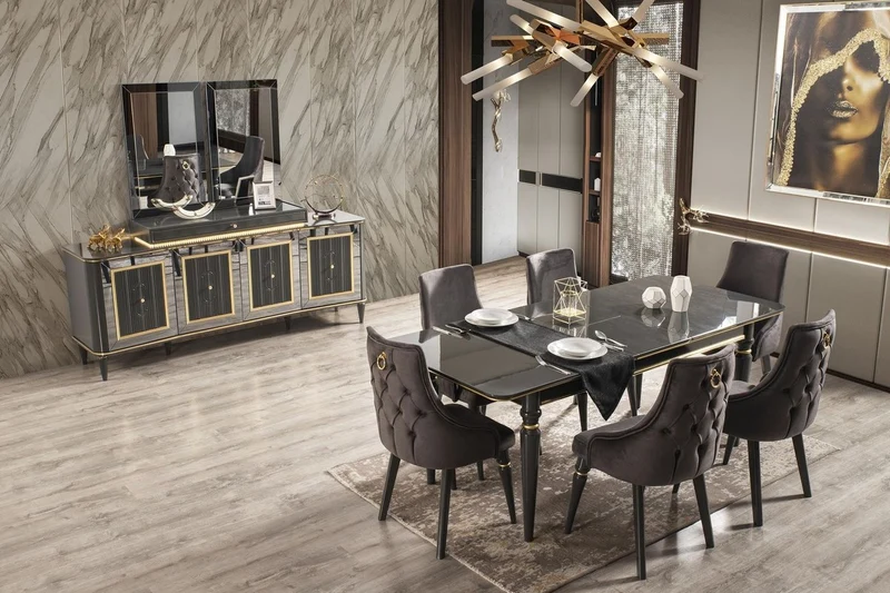 Casa Padrino Luxus Art Deco Esszimmer Stuhl Set Grau / Gold 57 x 55 x H. 98 cm - Edles Küchen Stühle 6er Set - Art Deco Esszimmer Möbel