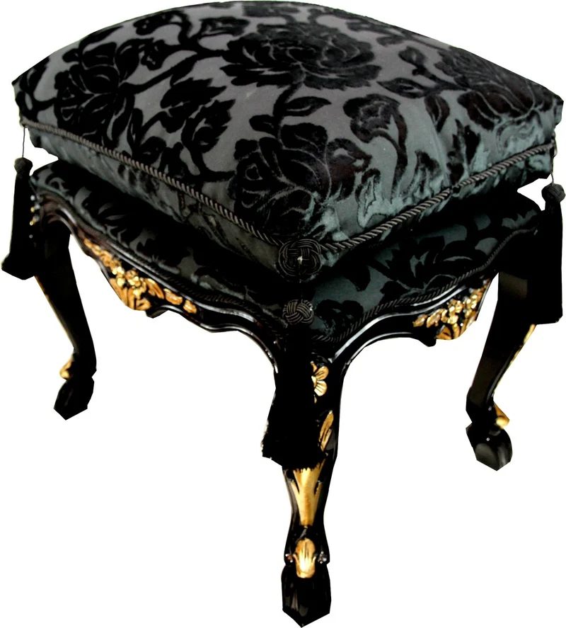 Pompöös by Casa Padrino Luxus Barock Sitzhocker mit Sitzkissen Eckig Schwarz Muster / Gold - Pompööser Barock Hocker designed by Harald Glööckler