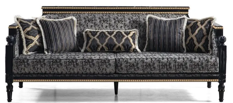 Casa Padrino Luxus Barock Sofa Grau / Schwarz / Gold 237 x 90 x H. 105 cm - Wohnzimmer Sofa mit dekorativen Kissen - Edle Barock Möbel