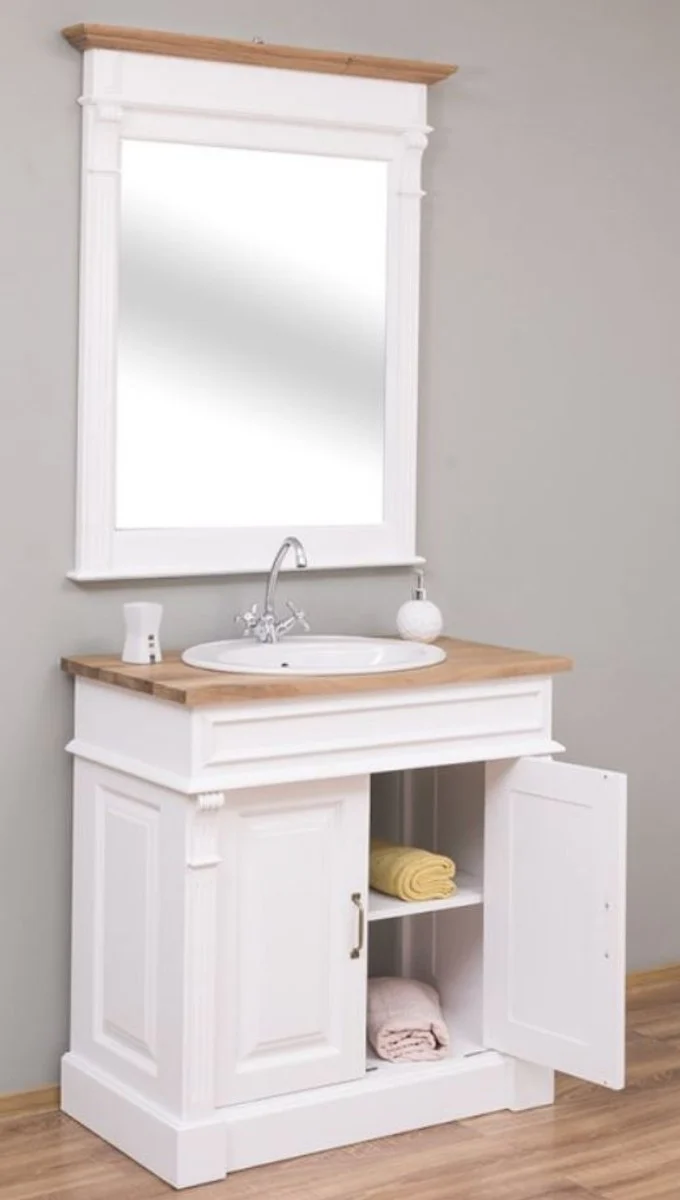 Casa Padrino Landhausstil Badezimmer Set Weiß / Naturfarben - 1 Waschtisch & 1 Wandspiegel - Massivholz Badezimmer Möbel im Landhausstil