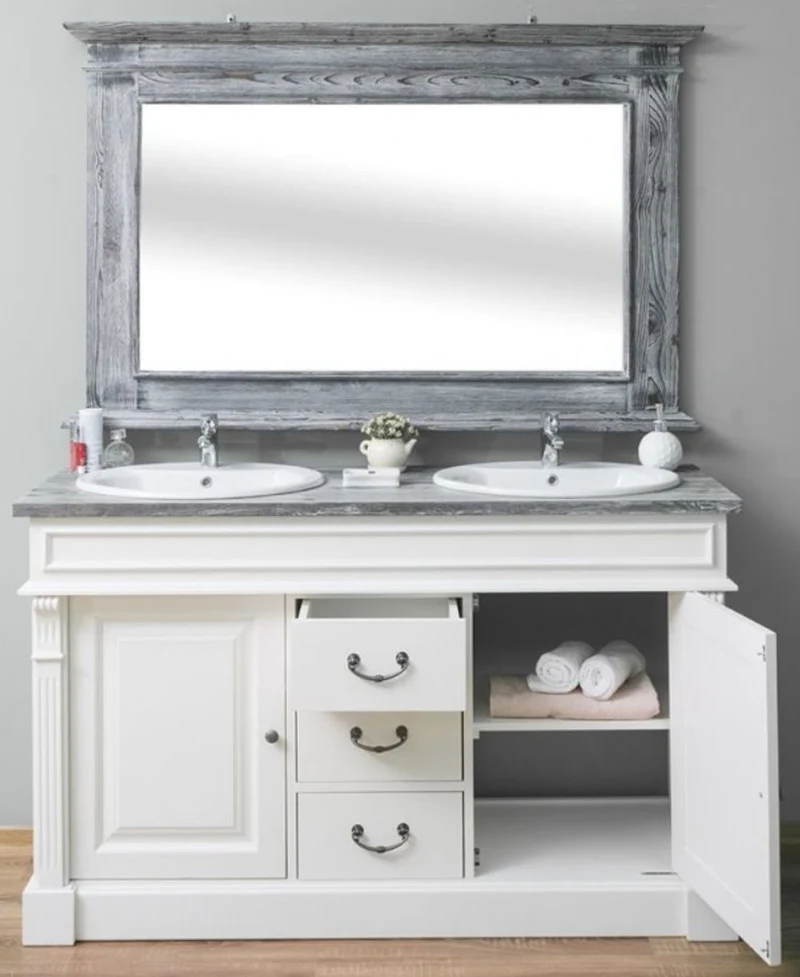 Casa Padrino Landhausstil Badezimmer Set Weiß / Grau - 1 Doppelwaschtisch & 1 Wandspiegel - Massivholz Badezimmermöbel im Landhausstil