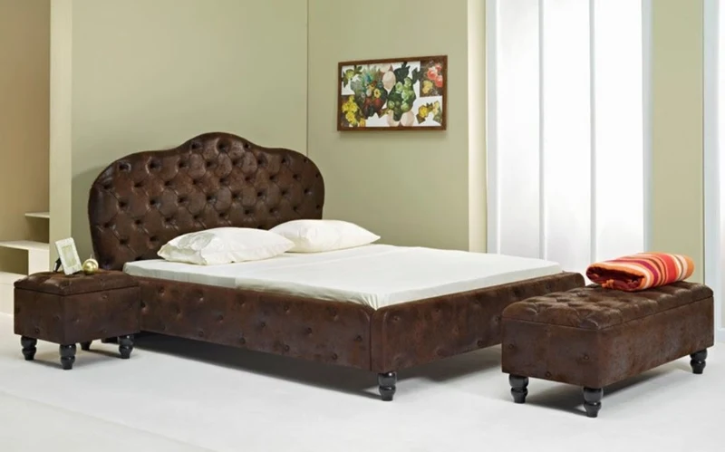 Casa Padrino Chesterfield Doppelbett Dunkelbraun / Schwarz - Verschiedene Größen - Elegantes Massivholz Bett mit Kopfteil - Chesterfield Schlafzimmer Möbel