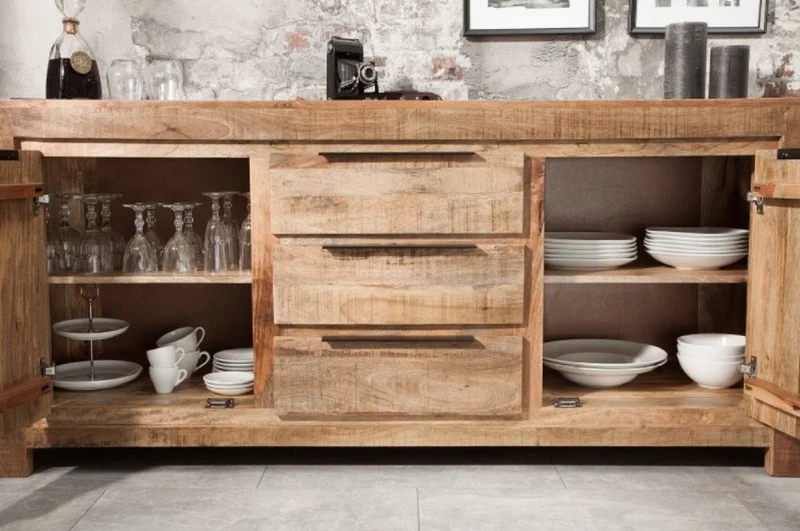 Casa Padrino Landhausstil Sideboard Naturfarben 175 x 50 x H. 76 cm - Massivholz Schrank mit 2 Türen und 3 Schubladen - Wohnzimmer Möbel