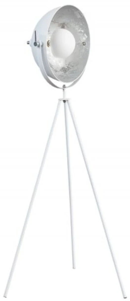Casa Padrino Designer Studioleuchte Weiß / Silber 65 x H. 140 cm - Retro Dreibein Stehleuchte - Wohnzimmer Deko Leuchte