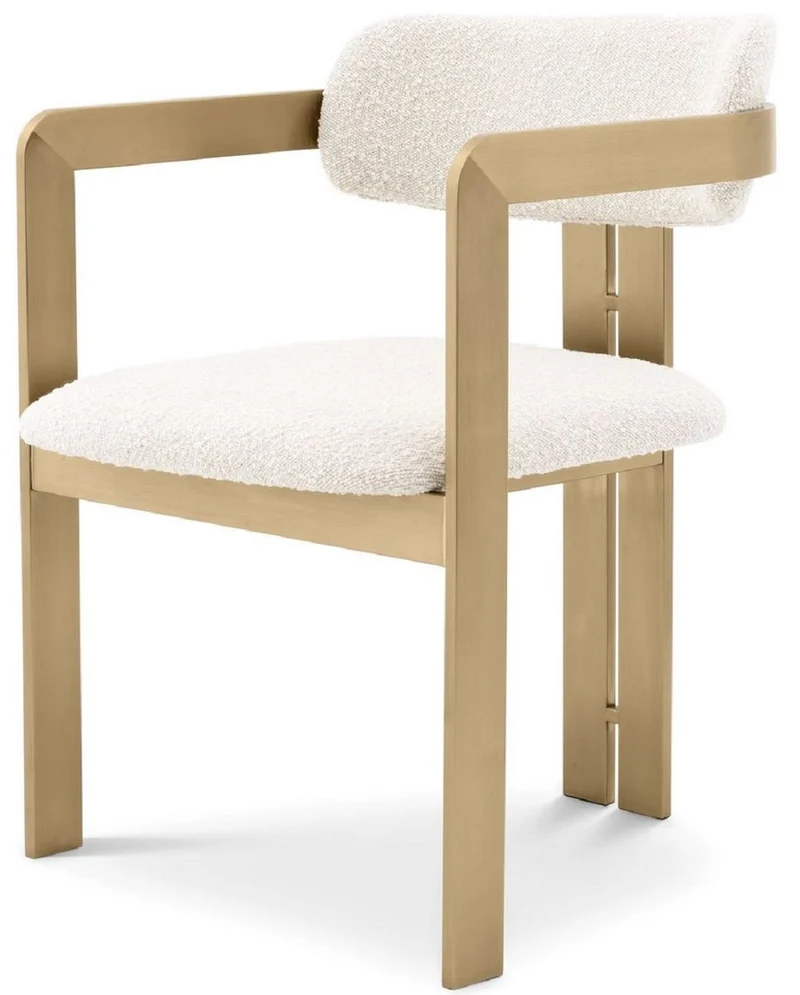 Casa Padrino Luxus Esszimmerstuhl Creme / Messingfarben 57,5 x 58 x H. 79 cm - Edler Küchenstuhl mit Armlehnen - Luxus Esszimmer Möbel