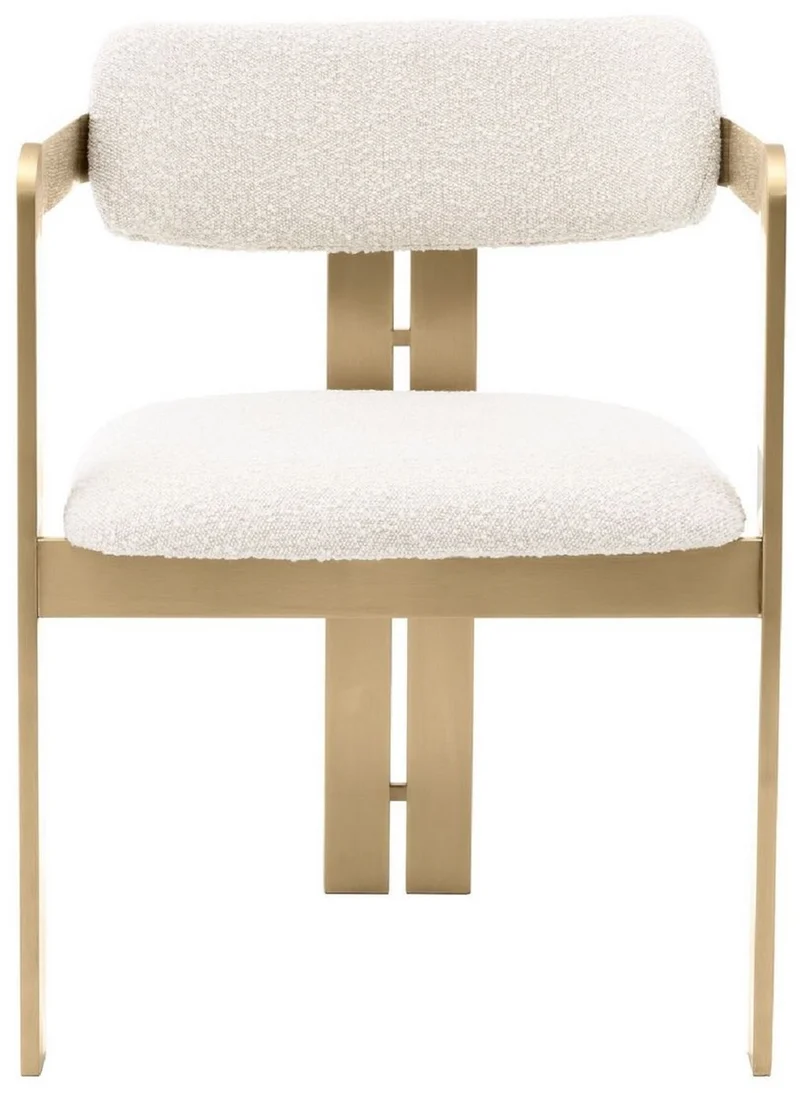 Casa Padrino Luxus Esszimmerstuhl Creme / Messingfarben 57,5 x 58 x H. 79 cm - Edler Küchenstuhl mit Armlehnen - Luxus Esszimmer Möbel