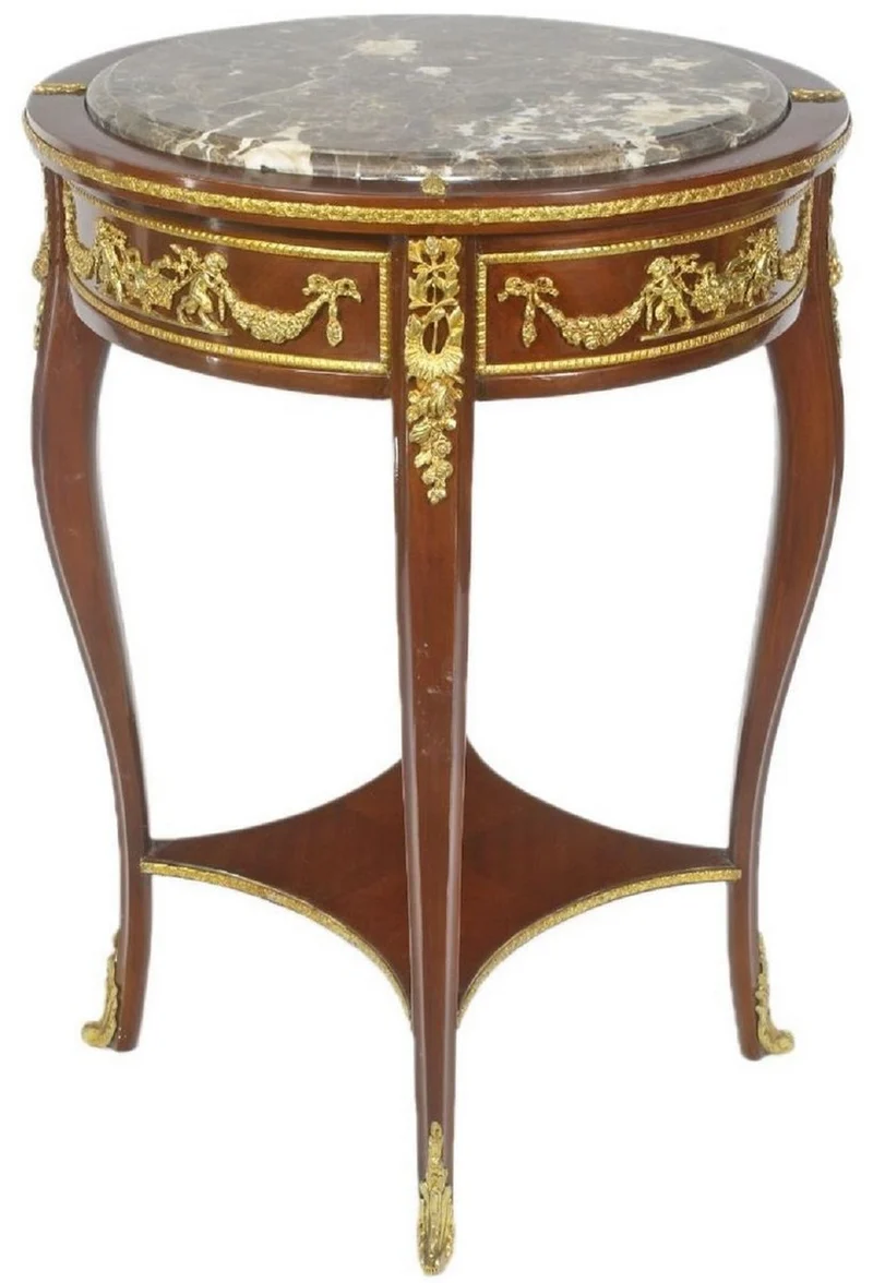 Casa Padrino Barock Beistelltisch mit Marmorplatte Braun / Gold Ø 45 x H. 75 cm - Runder Tisch im Barockstil - Barock Möbel