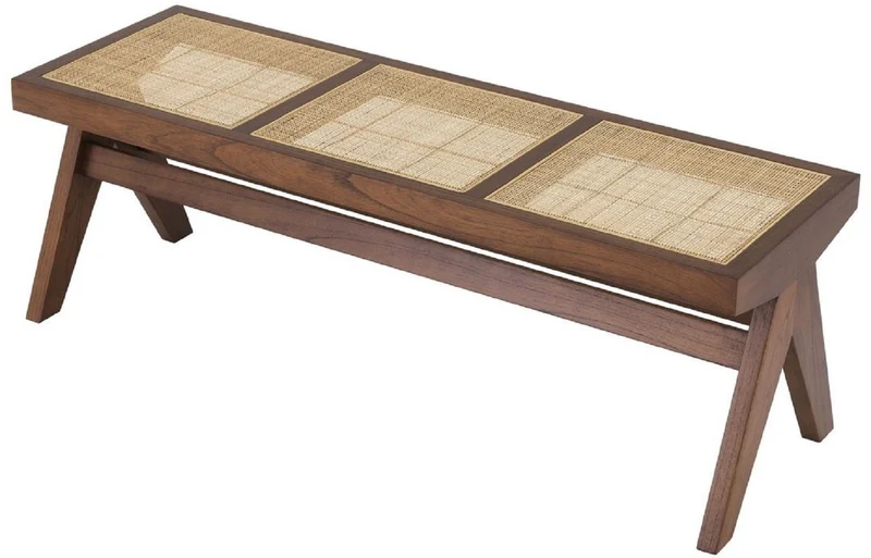 Casa Padrino Luxus Sitzbank Braun / Naturfarben 136 x 46 x H. 47 cm - Massivholz Bank mit handgewebtem Rattangeflecht - Luxus Möbel