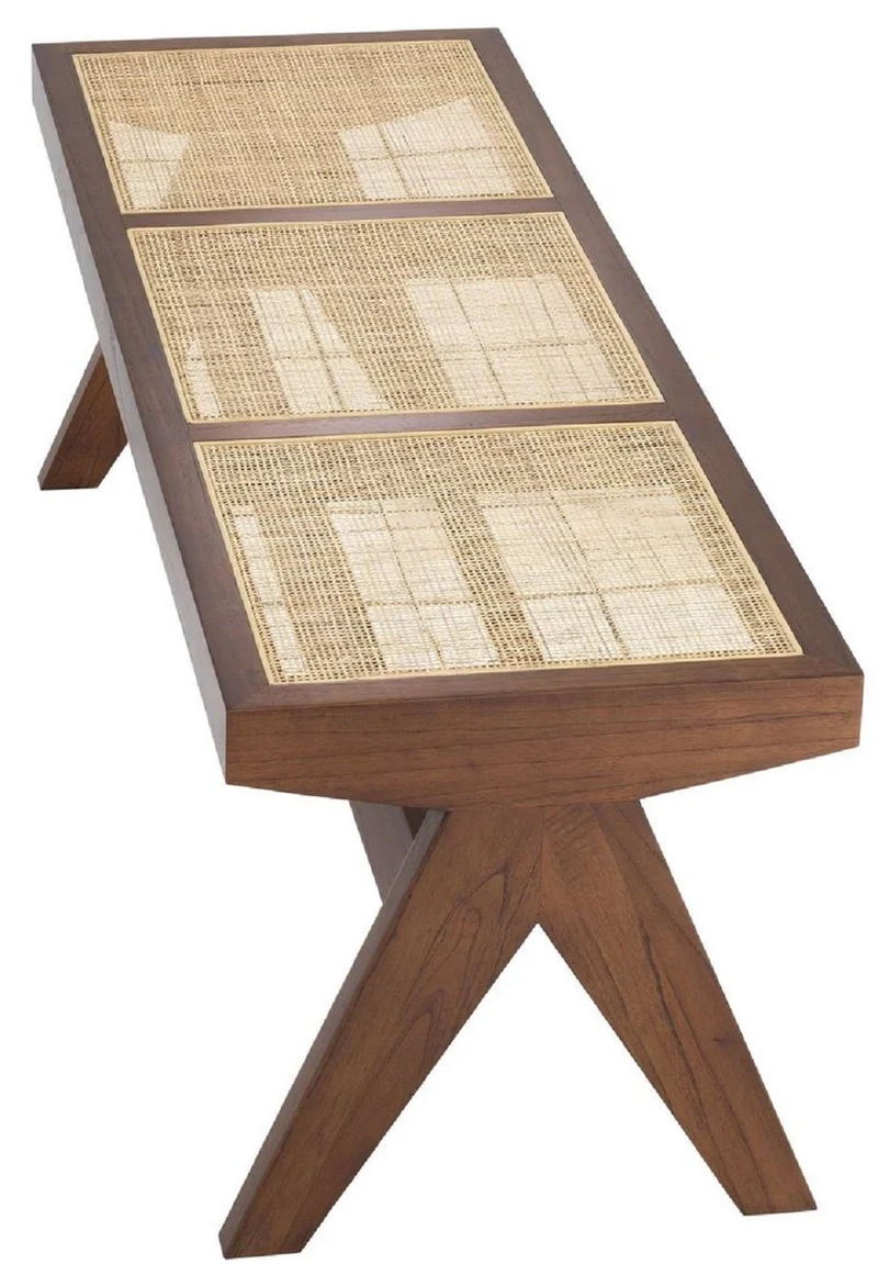 Casa Padrino Luxus Sitzbank Braun / Naturfarben 136 x 46 x H. 47 cm - Massivholz Bank mit handgewebtem Rattangeflecht - Luxus Möbel