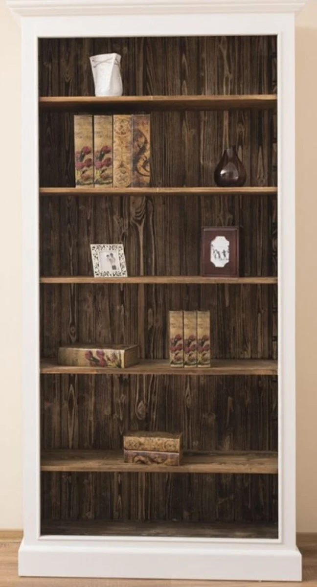 Casa Padrino Landhausstil Bücherschrank Weiß / Braun 110 x 39 x H. 210 cm - Massivholz Schrank - Regalschrank - Wohnzimmerschrank - Büroschrank - Landhausstil Möbel