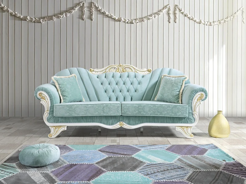 Casa Padrino Barock Wohnzimmer Sofa mit Glitzersteinen Hellgrün / Weiß / Gold 235 x 87 x H. 102 cm - Edle Wohnzimmer Möbel im Barockstil