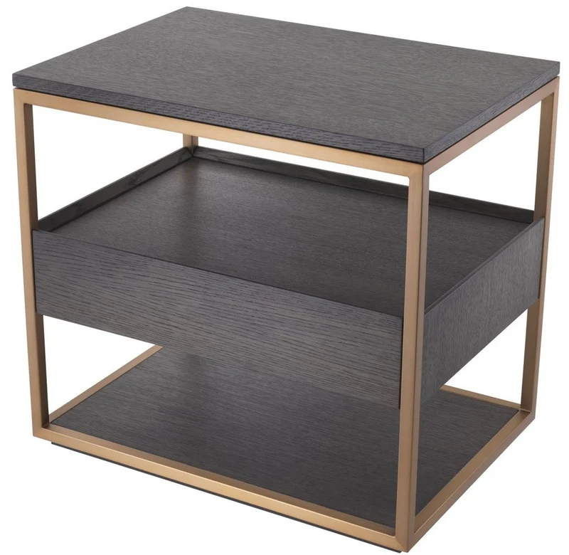 Casa Padrino Luxus Beistelltisch mit Schublade Mokka / Kupfer 65 x 46 x H. 61 cm - Eichenfurnier Nachttisch mit Edelstahl Gestell - Luxus Möbel
