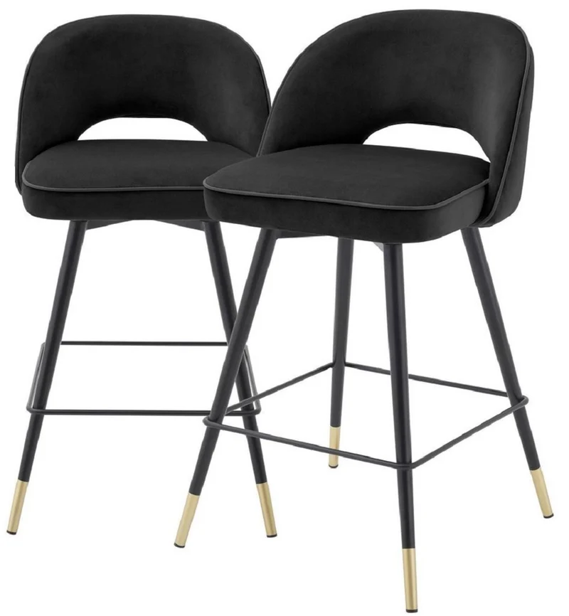 Casa Padrino Luxus Barstuhl Set Schwarz / Messingfarben 51 x 52 x H. 92,5 cm - Barstühle mit drehbarer Sitzfläche und edlem Samtsoff - Luxus Bar Möbel