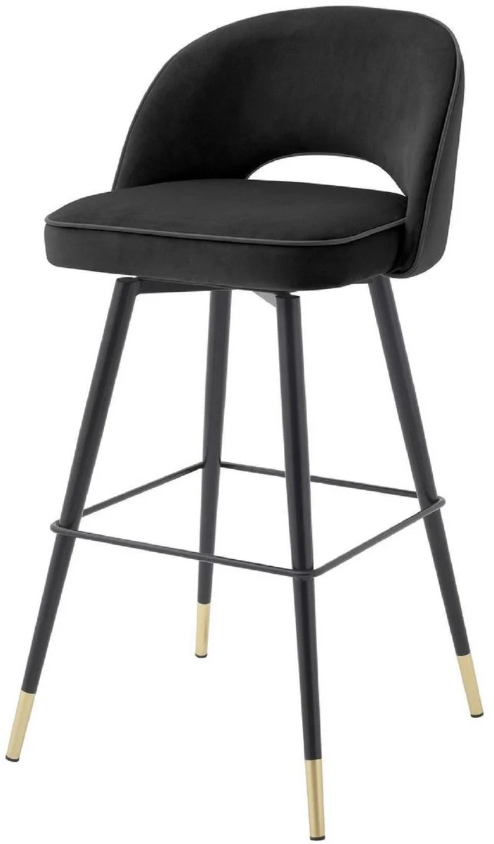 Casa Padrino Luxus Barstuhl Set Schwarz / Messingfarben 51 x 52 x H. 103 cm - Barstühle mit drehbarer Sitzfläche und edlem Samtsoff - Luxus Bar Möbel