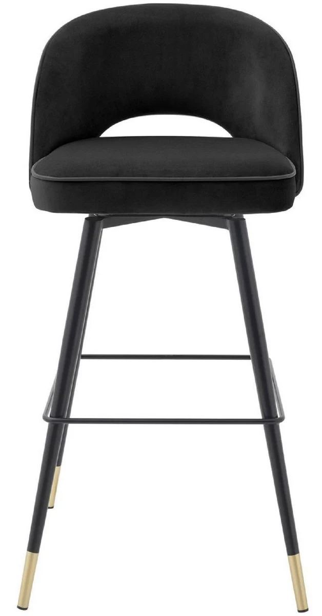 Casa Padrino Luxus Barstuhl Set Schwarz / Messingfarben 51 x 52 x H. 103 cm - Barstühle mit drehbarer Sitzfläche und edlem Samtsoff - Luxus Bar Möbel