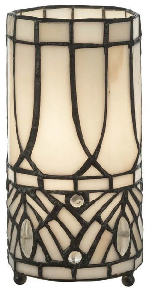 Casa Padrino Luxus Tiffany Tischleuchte Weiß / Schwarz Ø 10 x H. 20 cm - Runde Hockerleuchte - Schreibtischleuchte - Deko Leuchte