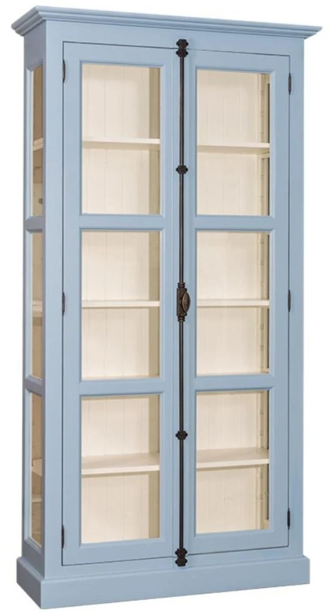Casa Padrino Landhausstil Vitrine Hellblau / Cremefarben 109 x 40 x H. 210 cm - Massivholz Schrank mit 2 Glastüren - Vitrinenschrank - Landhausstil Möbel