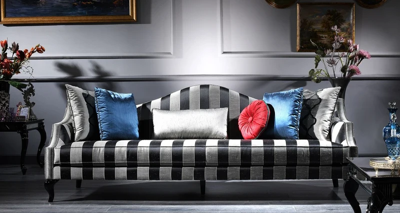 Casa Padrino Luxus Barock Sofa Silber / Schwarz 245 x 92 x H. 93 cm - Gestreiftes Wohnzimmer Sofa - Barockmöbel