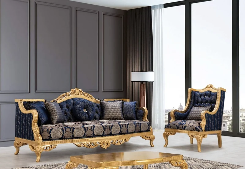 Casa Padrino Luxus Barock Ohrensessel mit Glitzersteinen und dekorativem Kissen Dunkelblau / Gold 86 x 90 x H. 110 cm - Barock Wohnzimmer Sessel - Barock Möbel