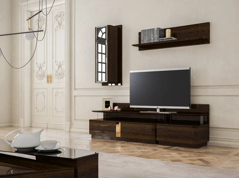 Casa Padrino Luxus Wohnzimmer TV Schrank Set Braun / Grau / Gold - 1 TV Schrank & 1 Hängeschrank & 1 Wandregal - Edles Wohnzimmer Möbel Set - Luxus Qualität
