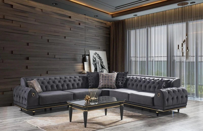 Casa Padrino Luxus Art Deco Chesterfield Ecksofa Grau / Schwarz / Gold 320 x 285 x H. 82 cm - Edles Wohnzimmer Sofa mit dekorativen Kissen - Luxus Qualität