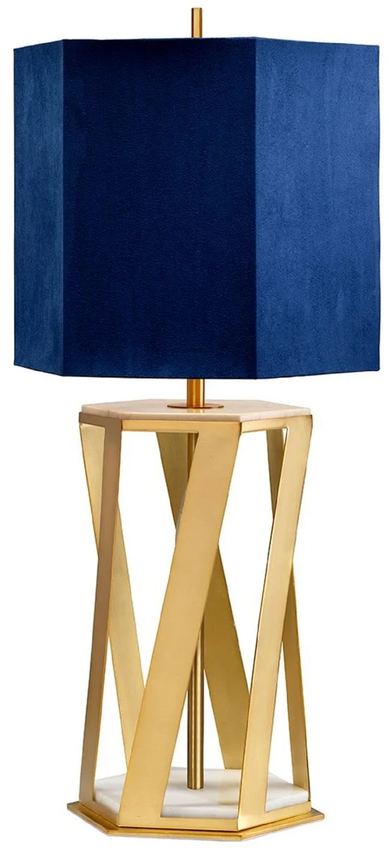 Casa Padrino Luxus Tischleuchte Messingfarben / Weiß / Blau 27,5 x 27,5 x H. 87 cm - Moderne Tischlampe mit Kunstseide Lampenschirm - Luxus Kollektion