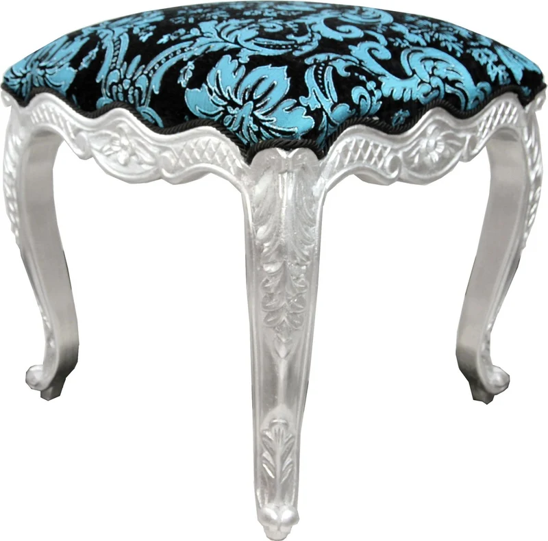 Pompöös by Casa Padrino Luxus Barock Sitzhocker Eckig Türkis Schwarz Muster / Silber - Pompööser Barock Hocker designed by Harald Glööckler