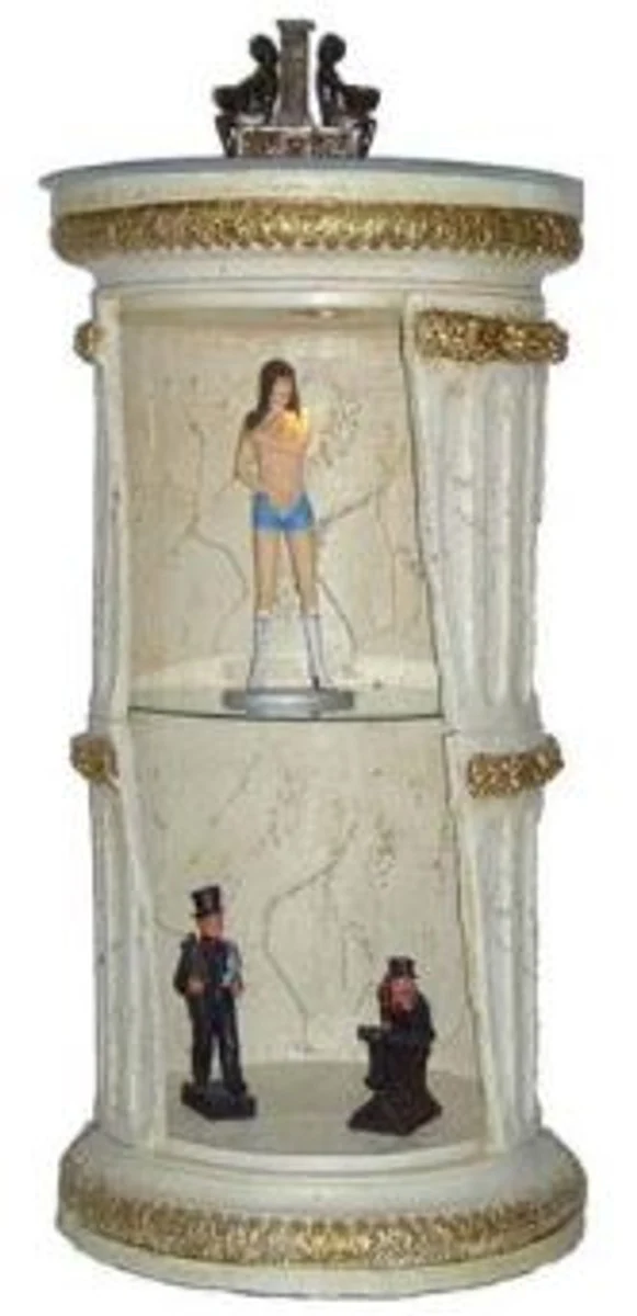 Casa Padrino Barock Säulenschrank Weiß / Gold H. 120 cm - Runder Vitrinenschrank - Beleuchteter Wohnzimmerschrank mit Glasregal - Barock Möbel