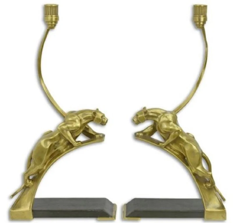 Casa Padrino Art Deco Kerzenhalter Set Panther Gold / Schwarz 23,4 x 11,8 x H. 47,4 cm - Elegante Bronze Kerzenständer - Deko Accessoires