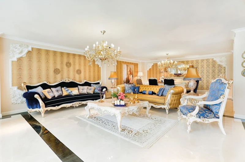 Casa Padrino Luxus Barock Wohnzimmer Sofa Dunkelblau / Weiß / Gold 300 x 98 x H. 120 cm - Prunkvolles Sofa im Barockstil - Edle Barock Wohnzimmer Möbel
