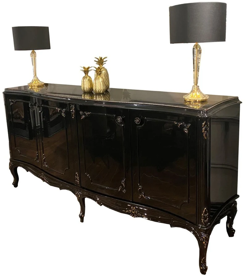 Casa Padrino Luxus Barock Sideboard Schwarz / Antik Gold 226 x 57 x H. 103 cm - Edler Wohnzimmer Schrank mit 4 Türen und Glasplatte - Hochwertige Wohnzimmer Möbel im Barockstil