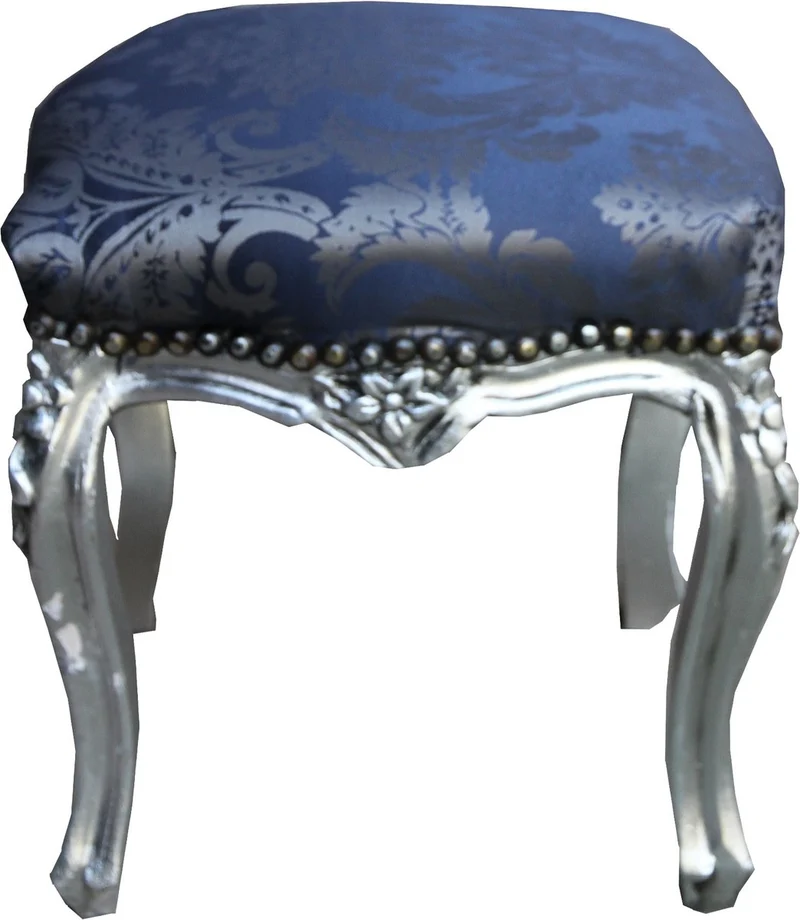 Casa Padrino Barock Hocker Royalblau Muster / Silber Höhe - Barock Möbel