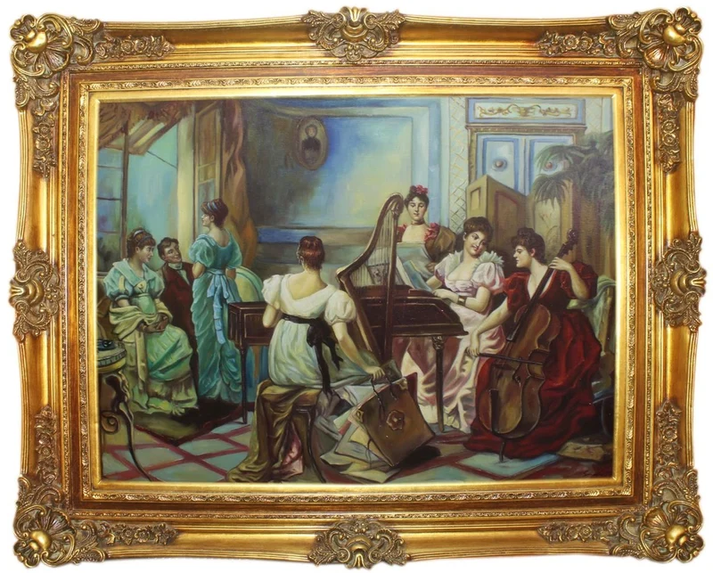 Casa Padrino Barock Ölgemälde Damen Musizieren Mehrfarbig / Gold 160 x 10 x H. 130 cm - Handgemaltes Gemälde mit prunkvollem Rahmen im Barockstil - Barock Deko Accessoires