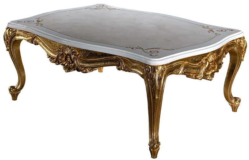 Casa Padrino Luxus Barock Couchtisch Weiß / Beige / Gold 120 x 85 x H. 49 cm - Edler Massivholz Wohnzimmertisch im Barockstil - Prunkvolle Barock Möbel