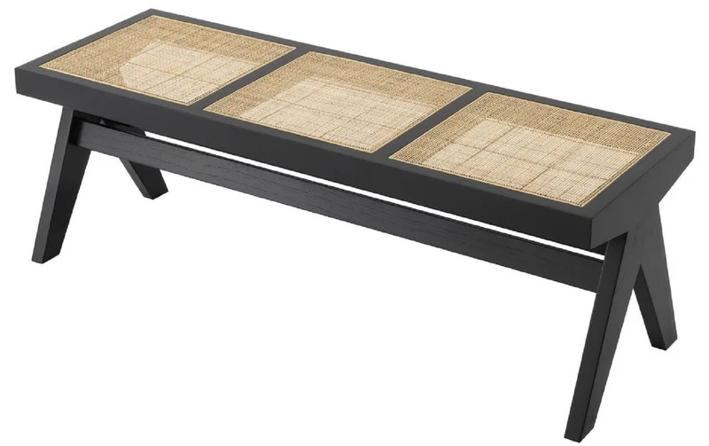 Casa Padrino Luxus Sitzbank Schwarz / Naturfarben 136 x 46 x H. 47 cm - Massivholz Bank mit handgewebtem Rattangeflecht - Luxus Möbel