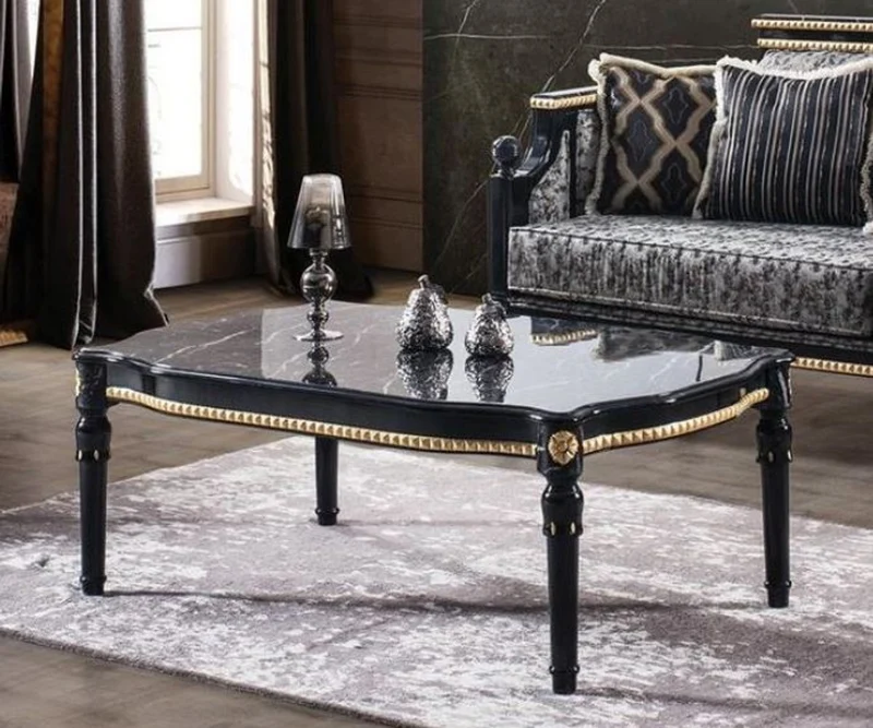 Casa Padrino Luxus Barock Couchtisch Schwarz / Gold 115 x 75 x H. 45 cm - Rechteckiger Wohnzimmertisch mit Glasplatte in Marmoroptik - Edle Wohnzimmer Möbel im Barockstil
