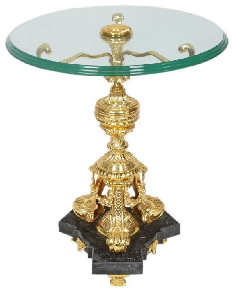 Casa Padrino Barock Beistelltisch Gold / Schwarz Ø 53 x H. 67 cm - Runder vergoldeter Bronze Tisch mit Glasplatte und Marmorsockel - Barock Wohnzimmer Möbel