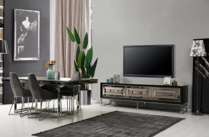 Casa Padrino Luxus Esszimmer Set Schwarz / Grau / Silber - 1 Esszimmertisch & 6 Esszimmerstühle - Luxus Esszimmer Möbel
