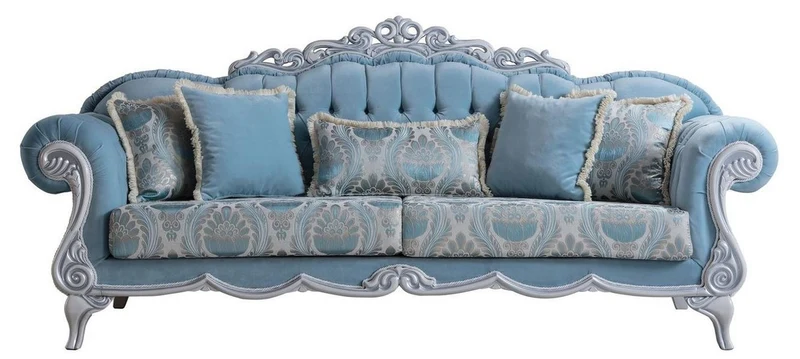 Casa Padrino Luxus Barock Wohnzimmer Sofa mit dekorativen Kissen Hellblau / Grau 237 x 90 x H. 105 cm - Barock Möbel - Edel & Prunkvoll