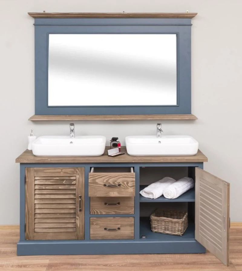 Casa Padrino Landhausstil Badezimmer Set Blau / Braun - 1 Doppelwaschtisch & 1 Wandspiegel - Landhausstil Badezimmer Möbel