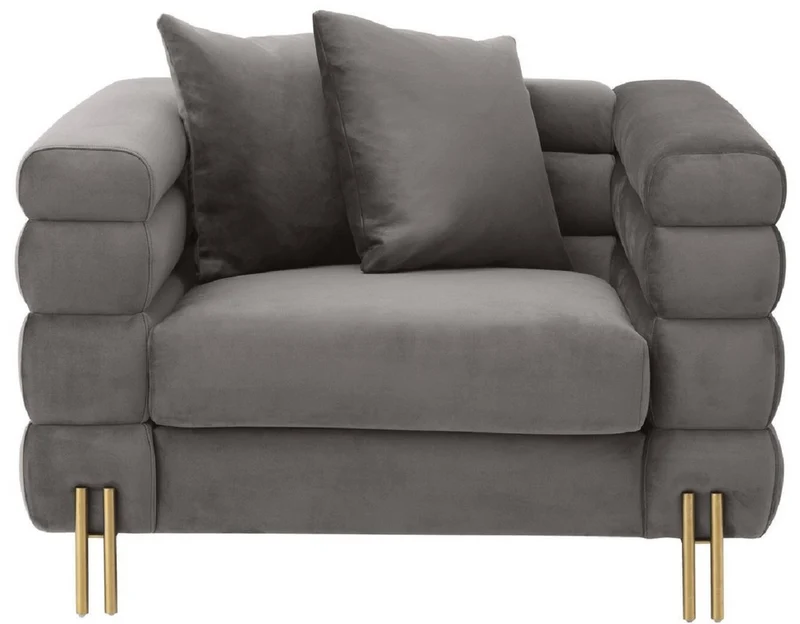 Casa Padrino Luxus Sessel Grau / Messingfarben 109 x 97 x H. 68 cm - Wohnzimmer Sessel mit edlem Samtstoff - Luxus Möbel