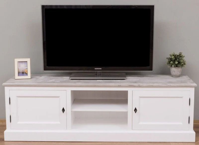 Casa Padrino Landhausstil TV Schrank Weiß / Grau 180 x 46 x H. 56 cm - Massivholz Fernsehschrank mit 2 Türen - Landhausstil Wohnzimmer Möbel