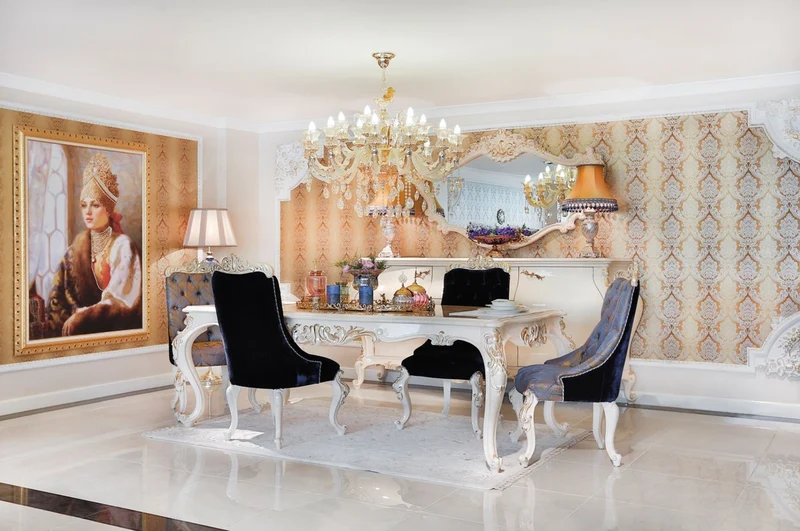 Casa Padrino Luxus Barock Esszimmer Set Blau / Weiß / Gold - 1 Esstisch & 6 Esszimmerstühle - Prunkvolle Esszimmermöbel im Barockstil - Luxus Qualität
