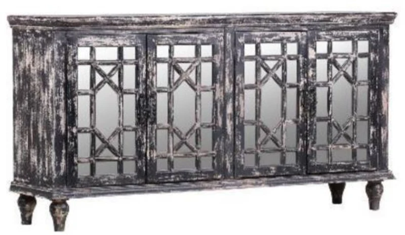 Casa Padrino Landhausstil Sideboard Vintage Schwarz 182 x 45 x H. 100 cm - Massivholz Schrank mit 4 verspiegelten Türen - Landhausstil Möbel