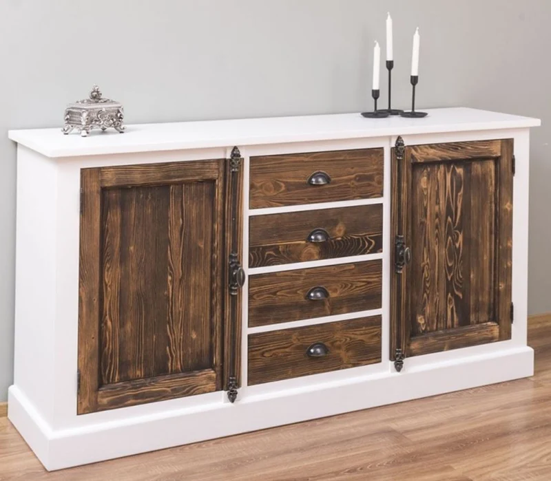 Casa Padrino Landhausstil Sideboard Weiß / Dunkelbraun 180 x 48 x H. 93 cm - Massivholz Schrank mit 2 Türen und 4 Schubladen - Möbel im Landhausstil