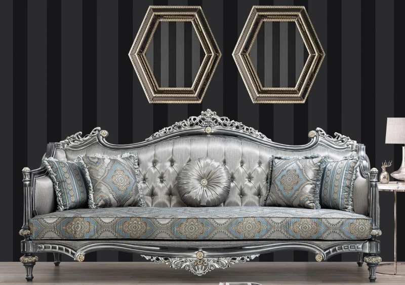 Casa Padrino Luxus Barock Sofa Silber / Türkis / Gold 248 x 96 x H. 118 cm - Prunkvolles Massivholz Wohnzimmer Sofa mit elegantem Muster und dekorativen Kissen - Barock Wohnzimmer Möbel