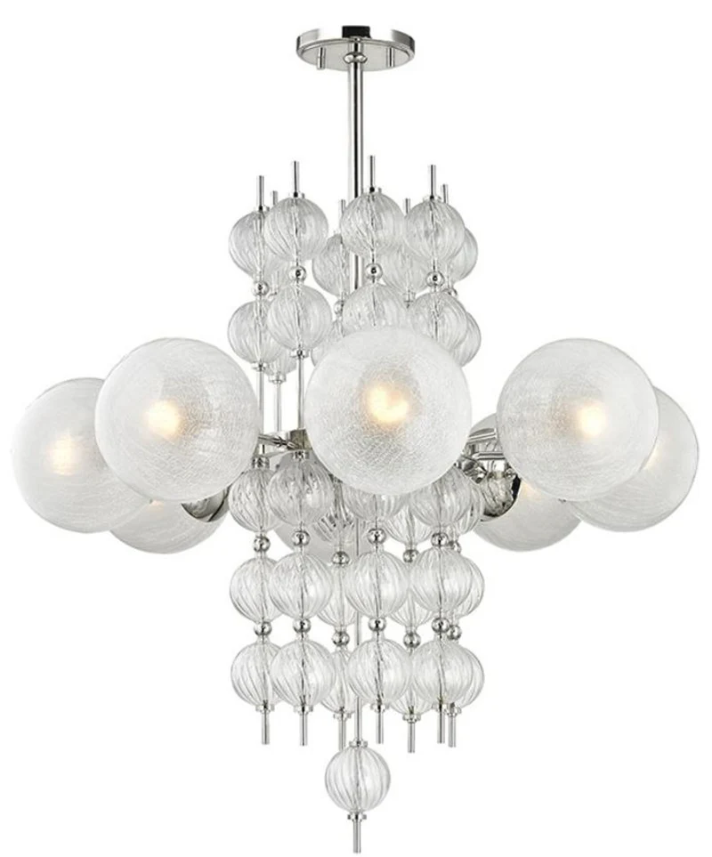 Casa Padrino Luxus Kronleuchter Silber Ø 85 x H. 82,5 cm - Moderner Metall Kronleuchter mit geriffelten spiralförmigen Hohlglaskugeln und kugelförmigen Glas Lampenschirmen